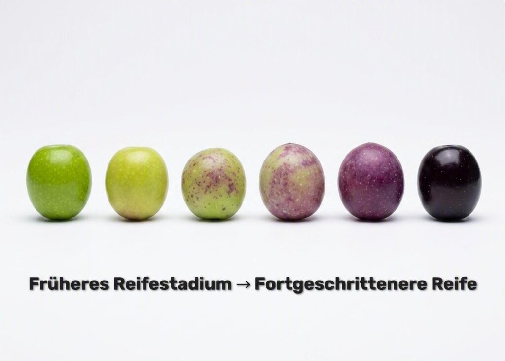 6 Oliven in einer Reihe, die ihren Reifegrad zeigen – von links (weniger reif) nach rechts (reifer)