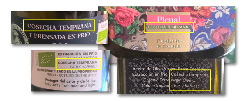 4 Etikettenausschnitte mit der Aufschrift „Frühernte“