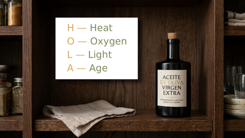 Richtig gelagerte Flasche natives Olivenöl extra und Faktoren, die Olivenöl schädigen