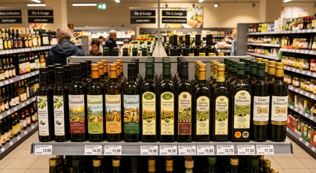 Verschiedene Flaschen natives Olivenöl extra mit unterschiedlichen Etiketten im Supermarkt