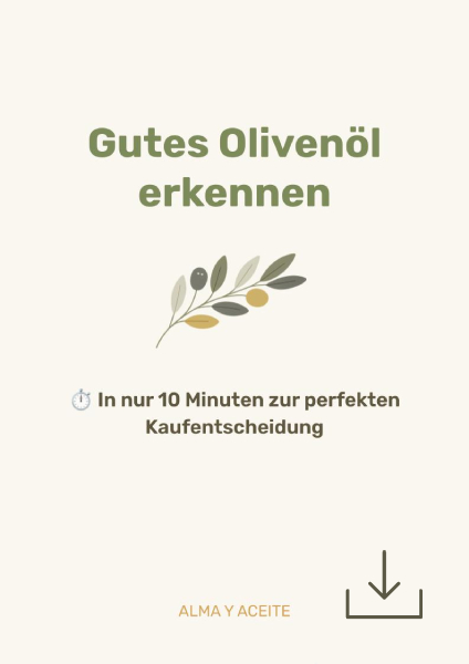 Titelseite des Leitfadens zum Erkennen eines guten Olivenöls von Alma y Aceite