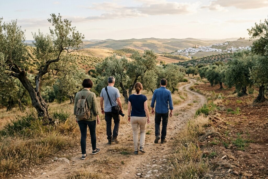 Eine Gruppe von vier Personen spaziert zwischen Olivenbäumen in einem andalusischen Olivenhain
