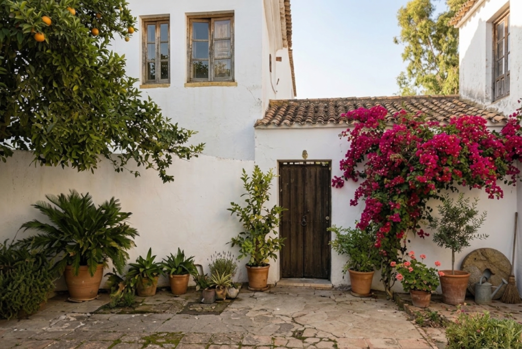 Typischer Innenhof eines andalusischen Landhauses mit weißen Wänden und Blumentöpfen, einem Orangenbaum und Blumen an den Wänden
