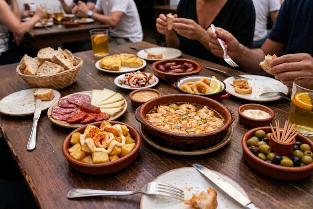 Holztisch mit verschiedenen typisch spanischen Tischplatten