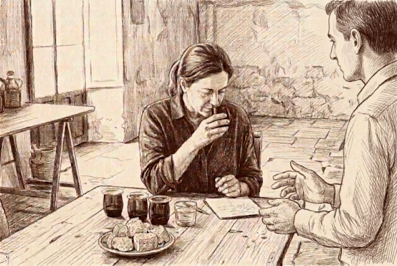 Zeichnung einer Frau, die an einem Verkostungsglas mit Öl riecht, während der Führer ihr Erklärungen gibt